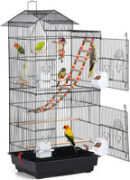Black rooftop-style large bird cage with ladder, swing, and colorful play center