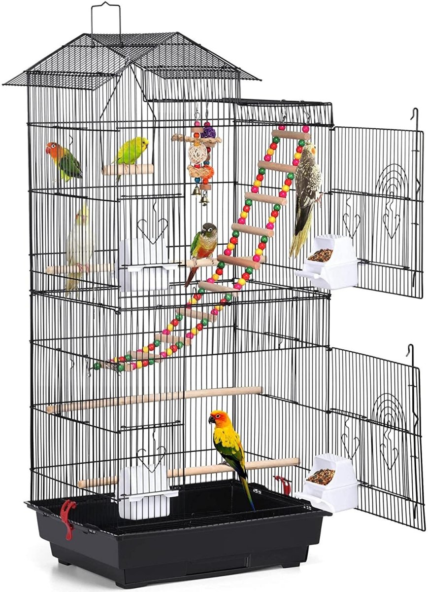 Black rooftop-style large bird cage with ladder, swing, and colorful play center