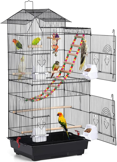Black rooftop-style large bird cage with ladder, swing, and colorful play center
