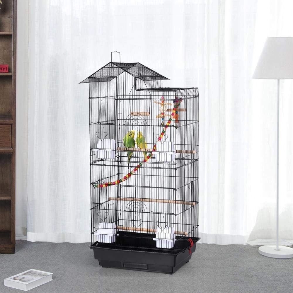 Black large bird cage with rooftop top, ladder, and hanging swing toys