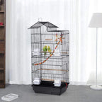 Black large bird cage with rooftop top, ladder, and hanging swing toys