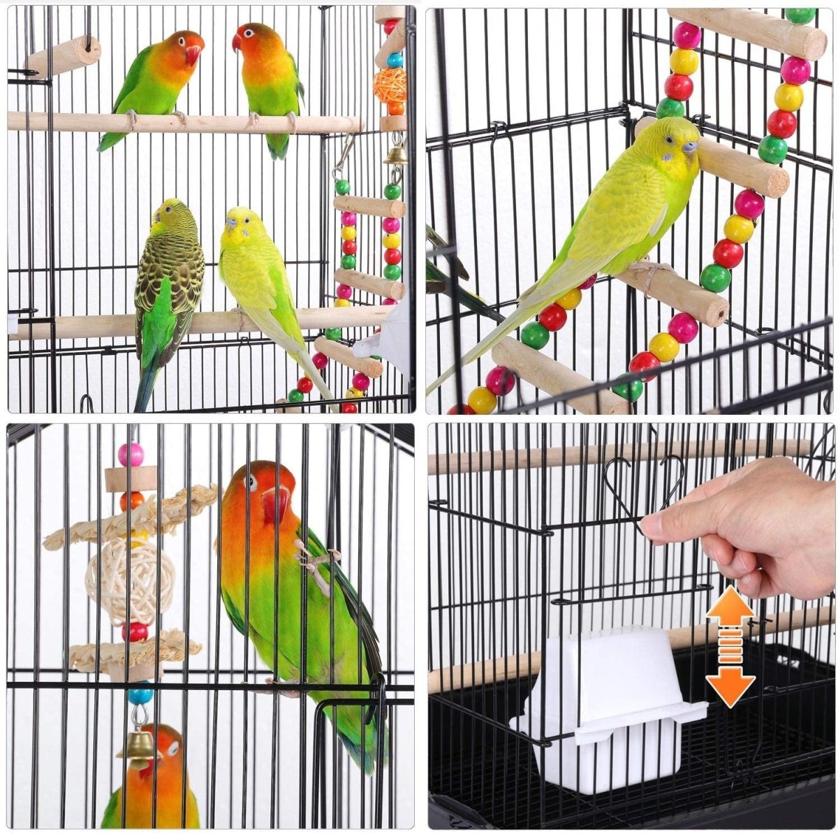 Black bird cage with natural wooden perches and hanging colorful toy ladder