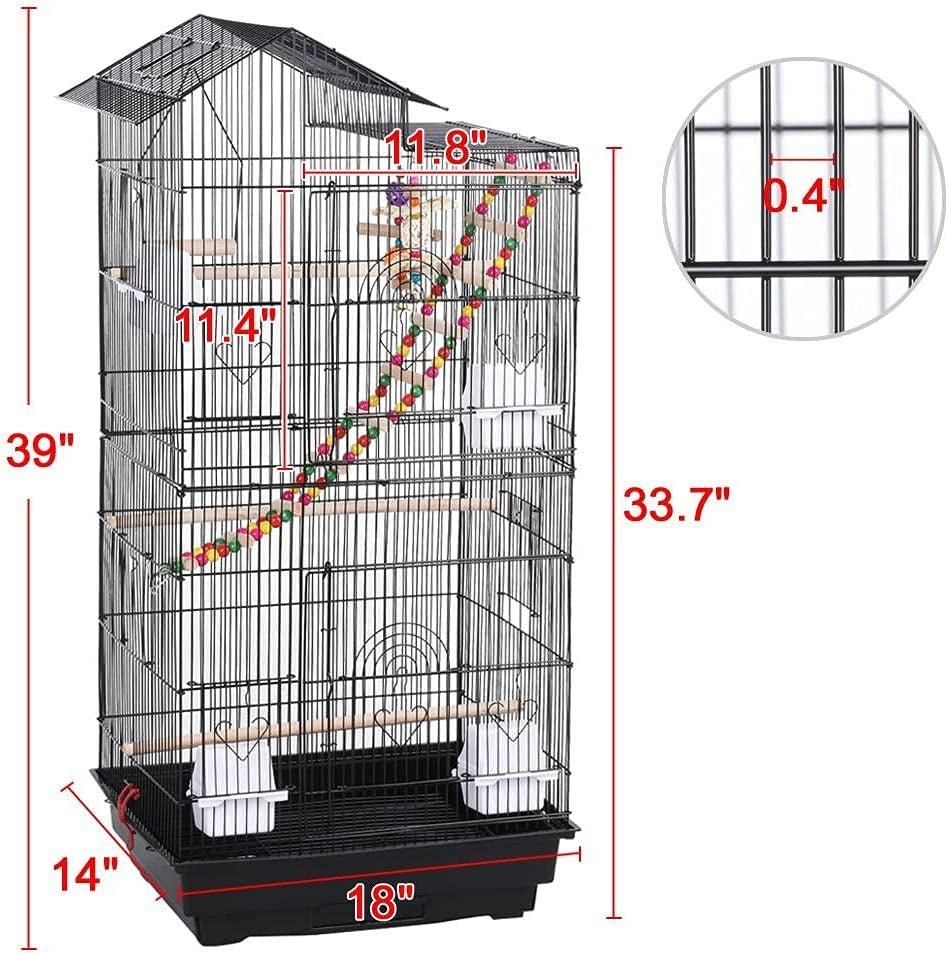 Black large bird cage with rooftop top and slide-out tray; size dimensions shown