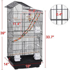Black large bird cage with rooftop top and slide-out tray; size dimensions shown