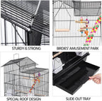 Black bird cage features: sturdy bar sides, special roof, and slide-out bottom tray