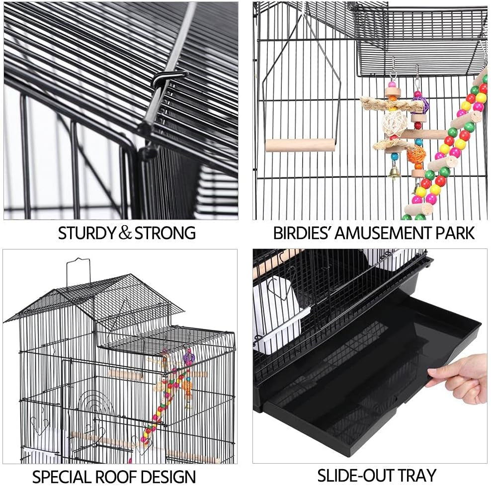 Black bird cage features: sturdy bar sides, special roof, and slide-out bottom tray
