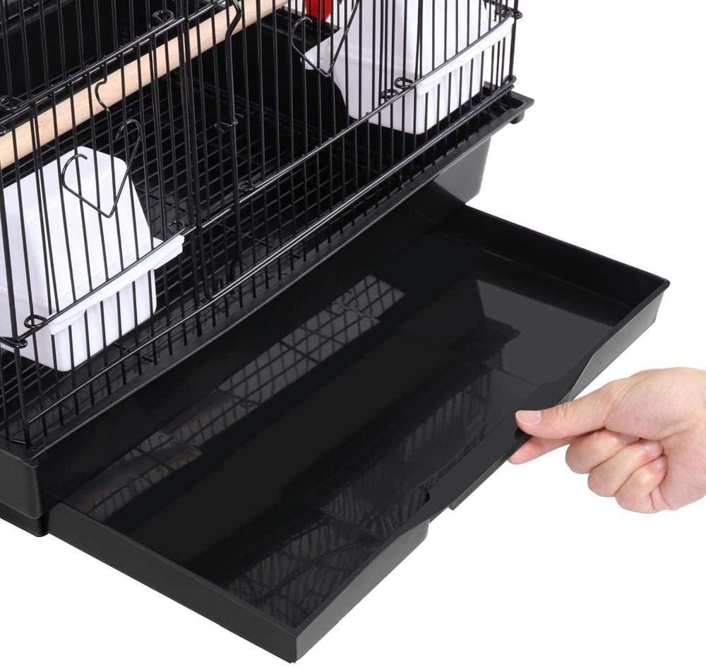Black slide-out tray bottom for large bird cage; hand pulling out the tray