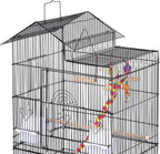 Black rooftop bird cage with wooden perches and hanging colorful ladder toy
