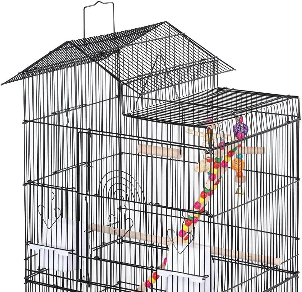 Black rooftop bird cage with wooden perches and hanging colorful ladder toy