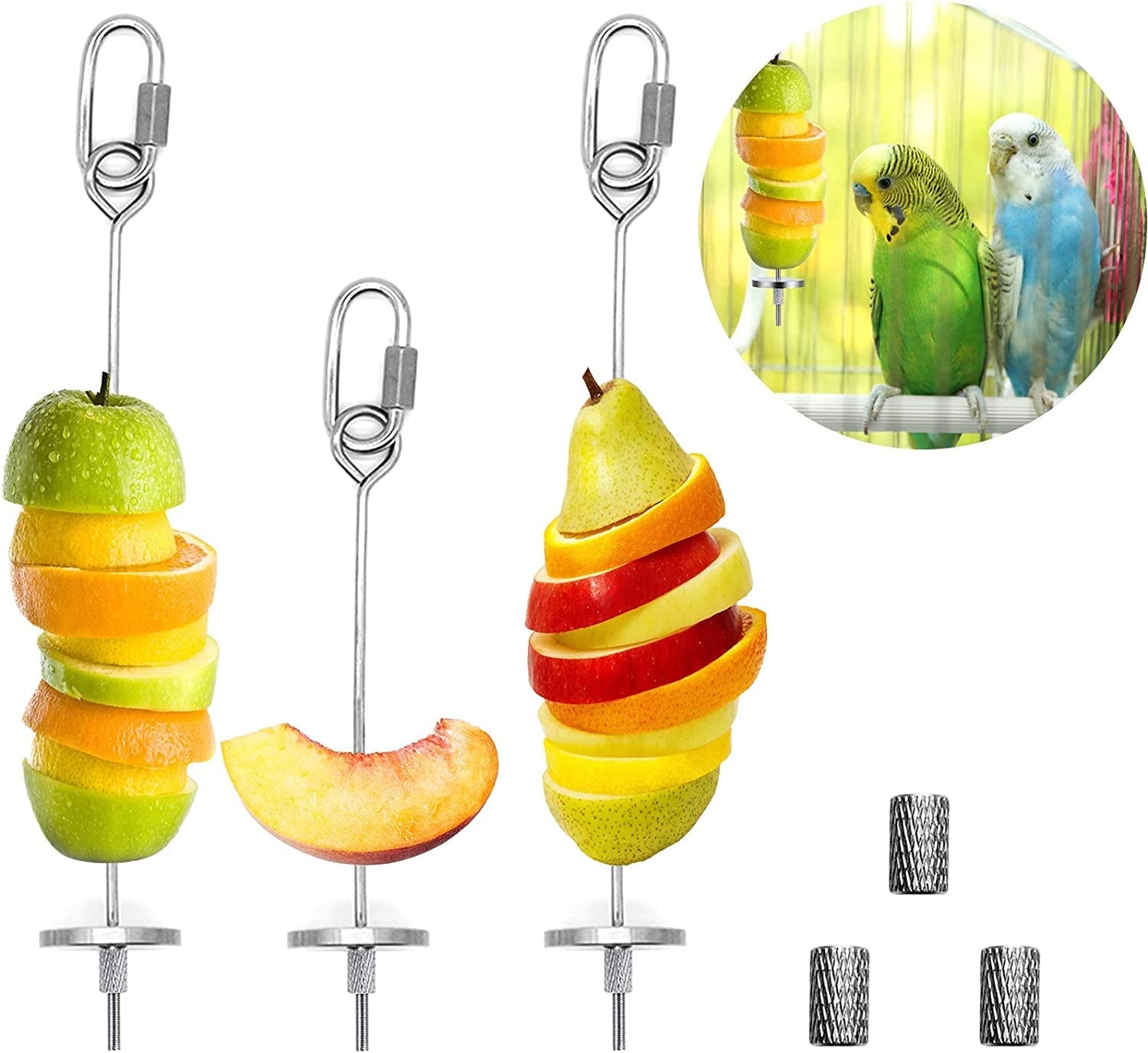 Stainless steel bird fruit and vegetable skewer set with three hanging skewers