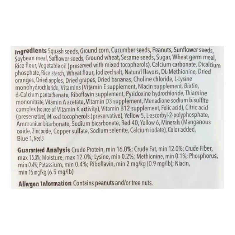 Back panel of ZuPreem Sensible Seed bird food bag with ingredients and nutritional analysis
