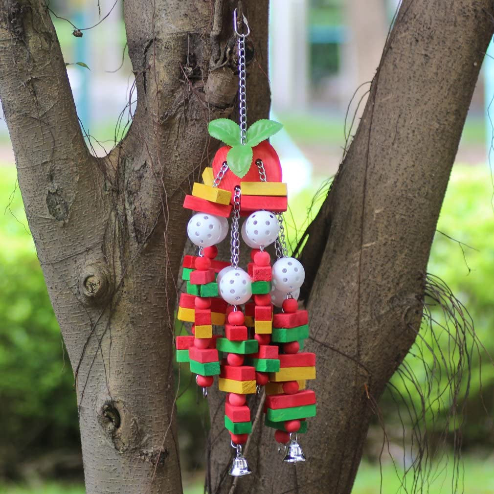 Parrot wooden foraging toy with multicolor blocks, white ball beads, metal chain, and dangling bells
