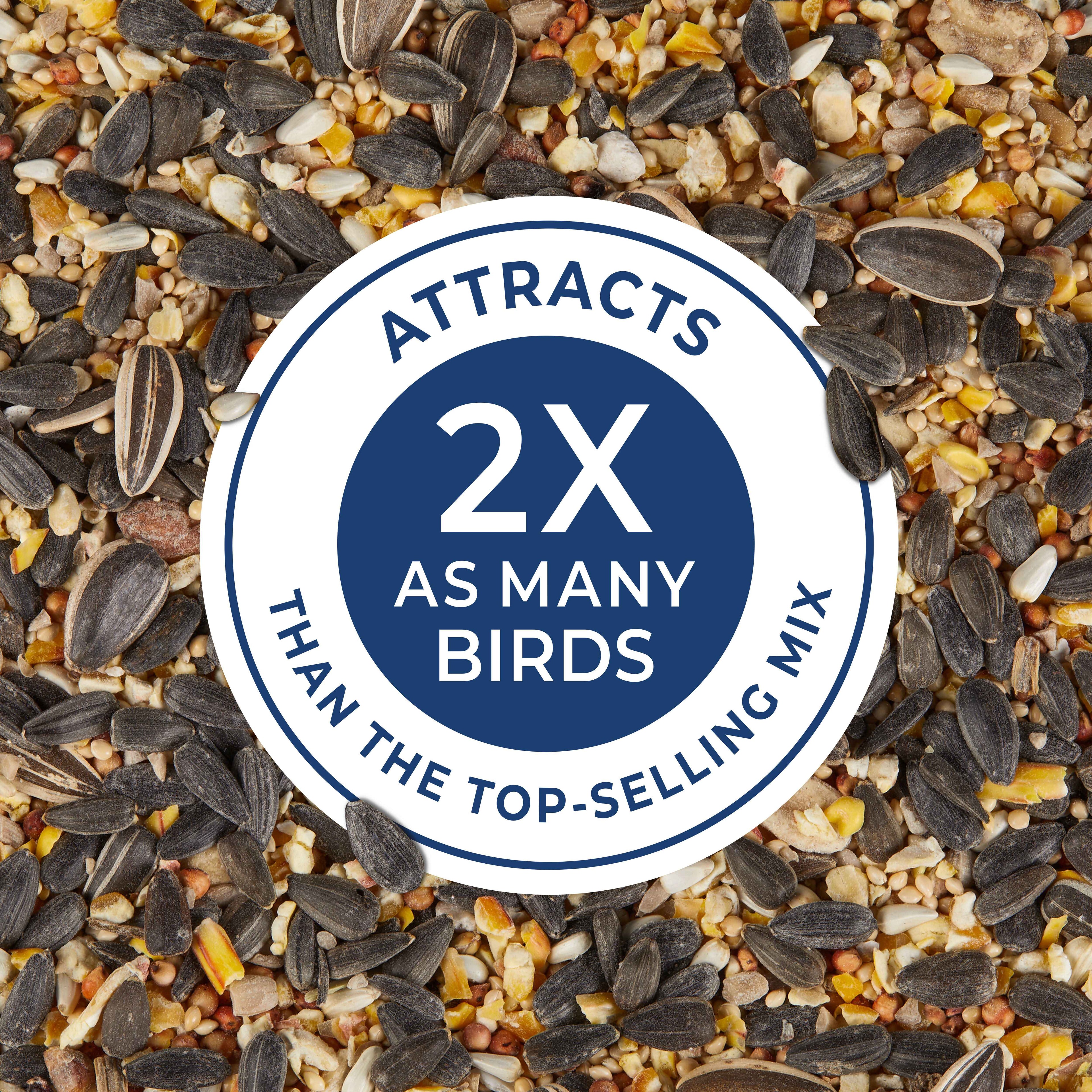Wild bird seed mix with dark sunflower seeds and '2X as many birds' seal