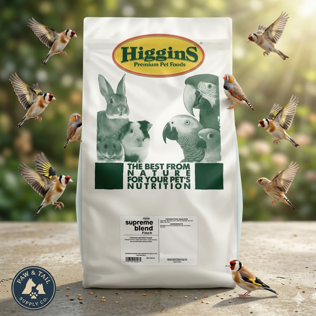 Higgins Supreme Finch food bag with bird graphics and 50 lb label