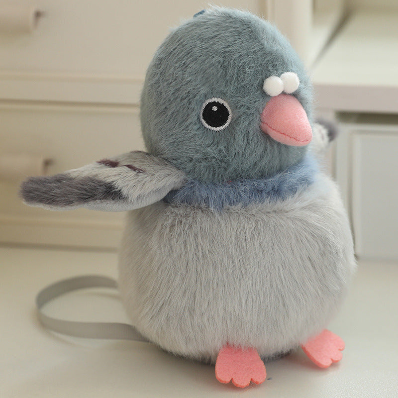 Gray and blue bird plush with big eyes, pink beak, and soft wings, 13 cm
