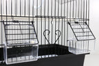 Clear front trays attached to a black wire small bird cage with roof and perches
