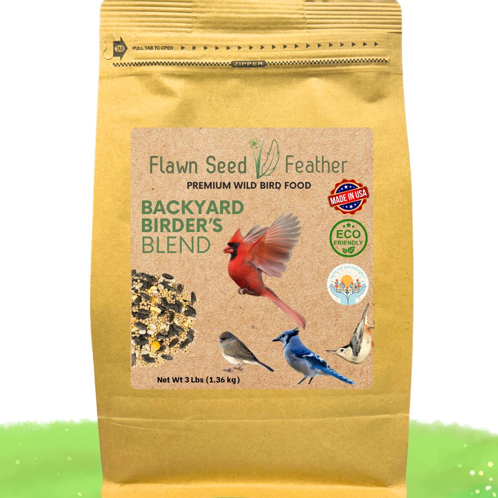 Backyard bird seed blend pouch, kraft paper bag with window-style label and bird illustrations