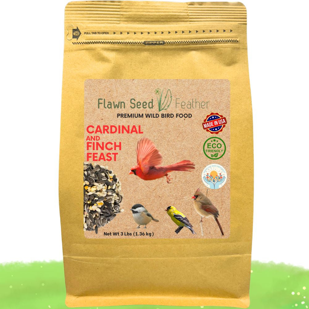 Cardinal and finch wild bird seed blend pouch, resealable bag with printed label