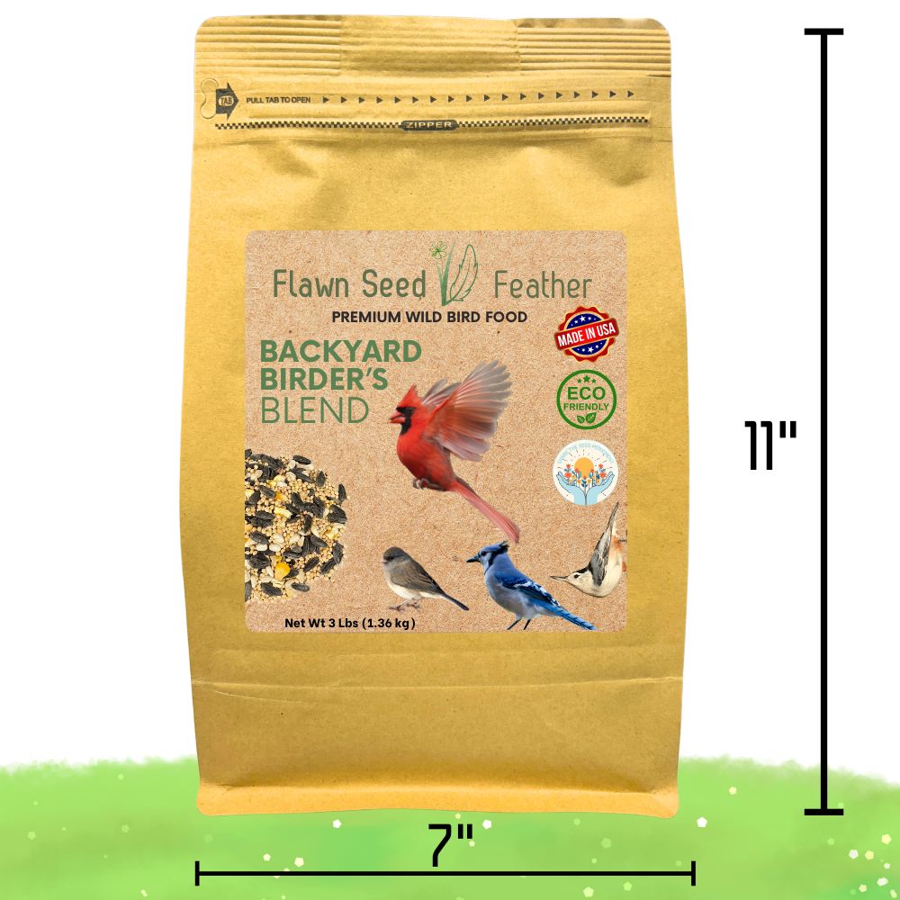 Backyard bird seed blend pouch with size markers, kraft paper bag with bird label