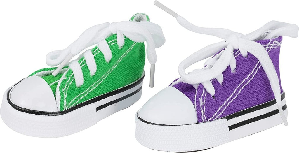 Pair of mini sneakers toy with white laces in green and purple