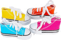4-pack mini sneakers toy with white laces in yellow, orange, blue, and pink