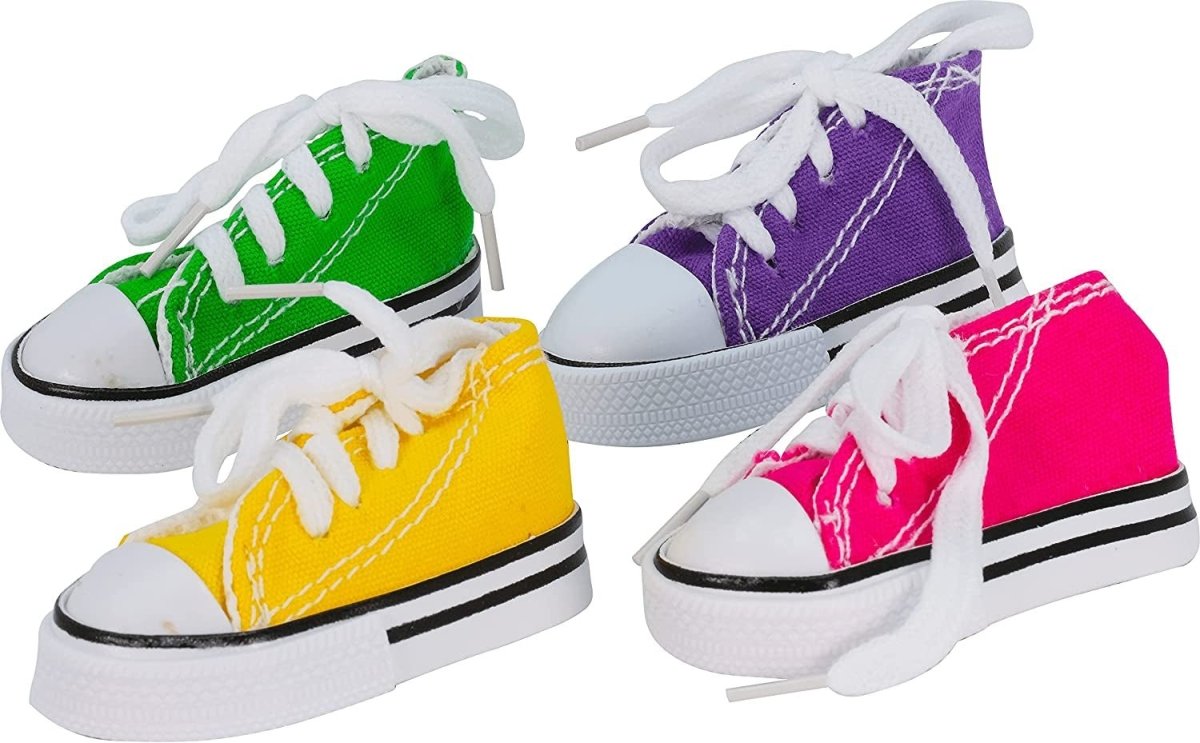 4-pack mini sneakers toy with white laces in green, purple, yellow, and magenta