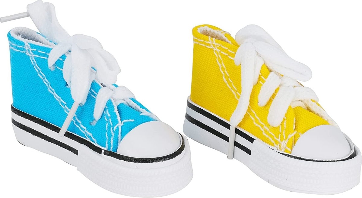 Pair of mini sneakers toy with white laces in blue and yellow