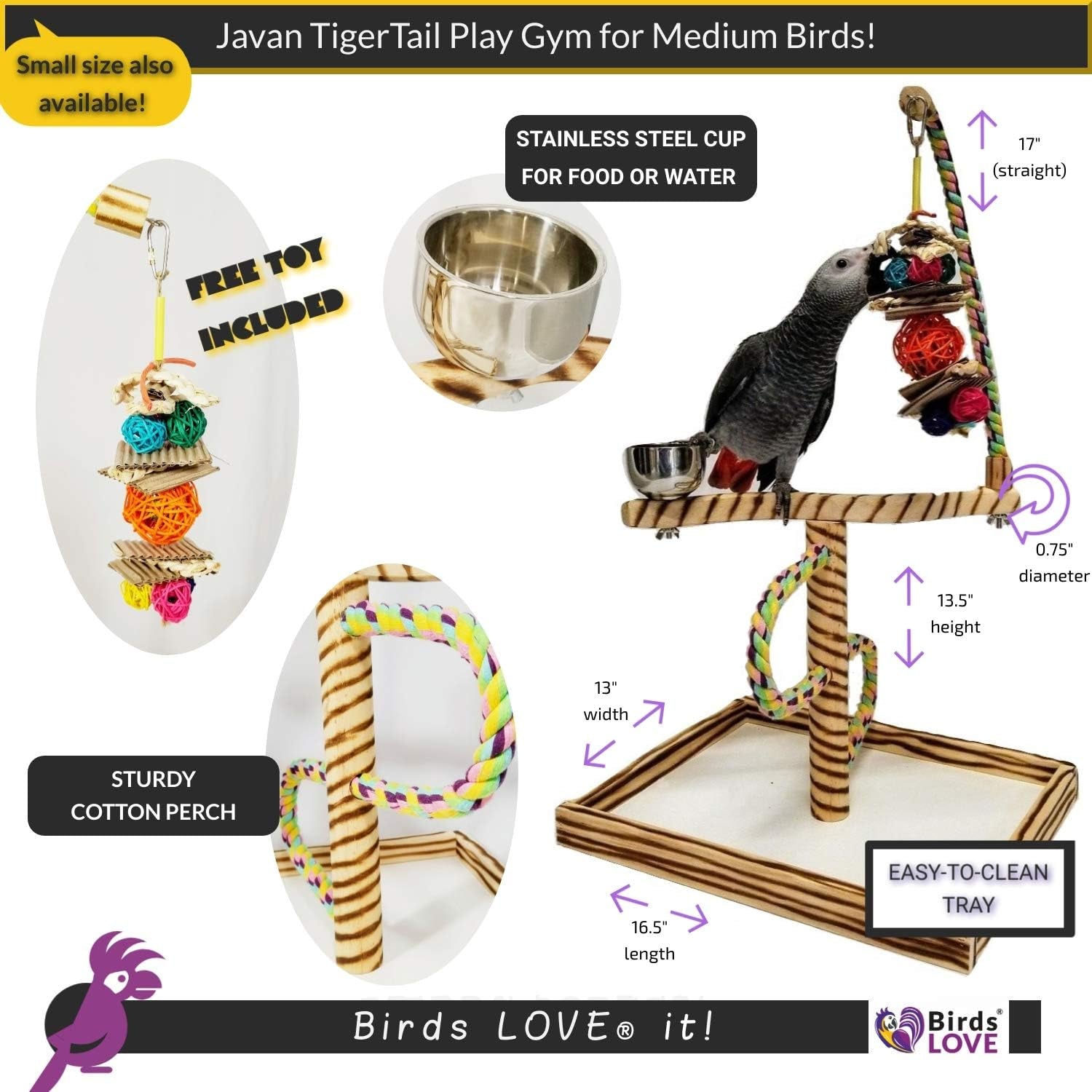 Bird playgym activity stand with cotton perch, colorful rope loops, and stainless steel cup