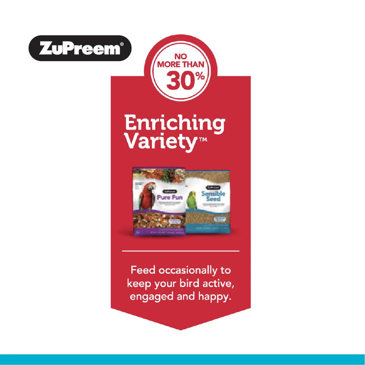ZuPreem Sensible Seed bag featuring an “Enriching Variety” badge and “No more than 30%” mark