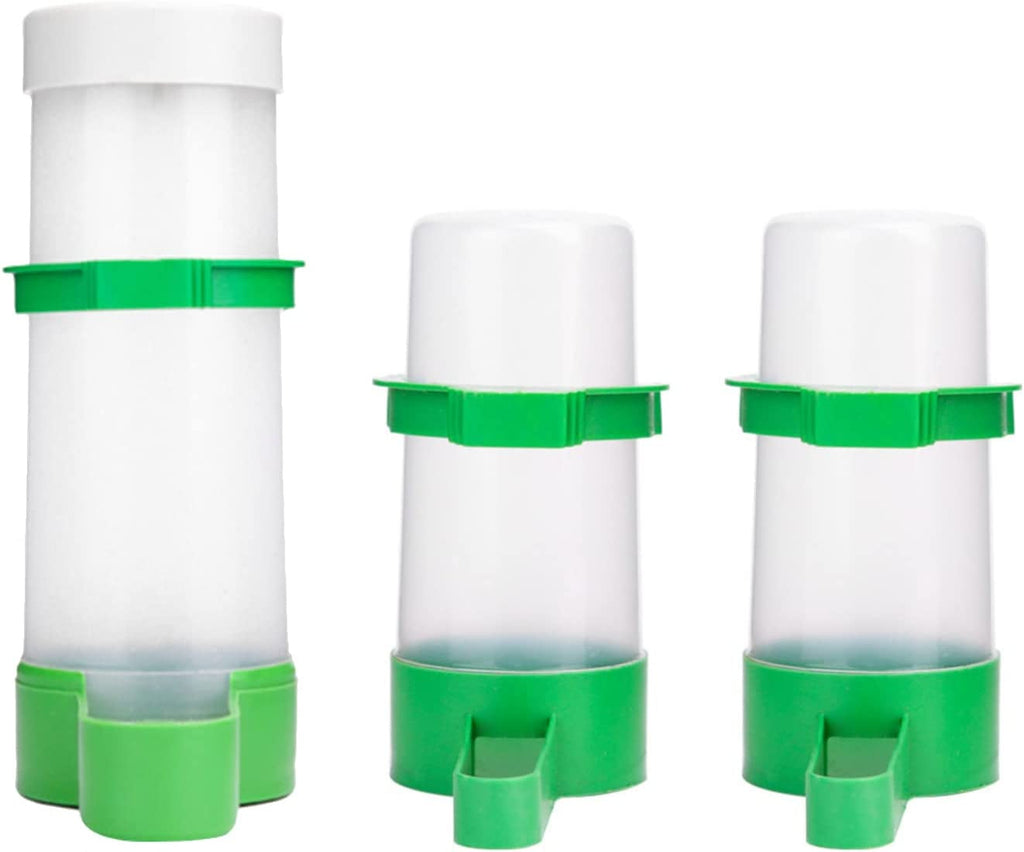 3-piece bird water and food dispenser set with white bottles and green gravity outlets