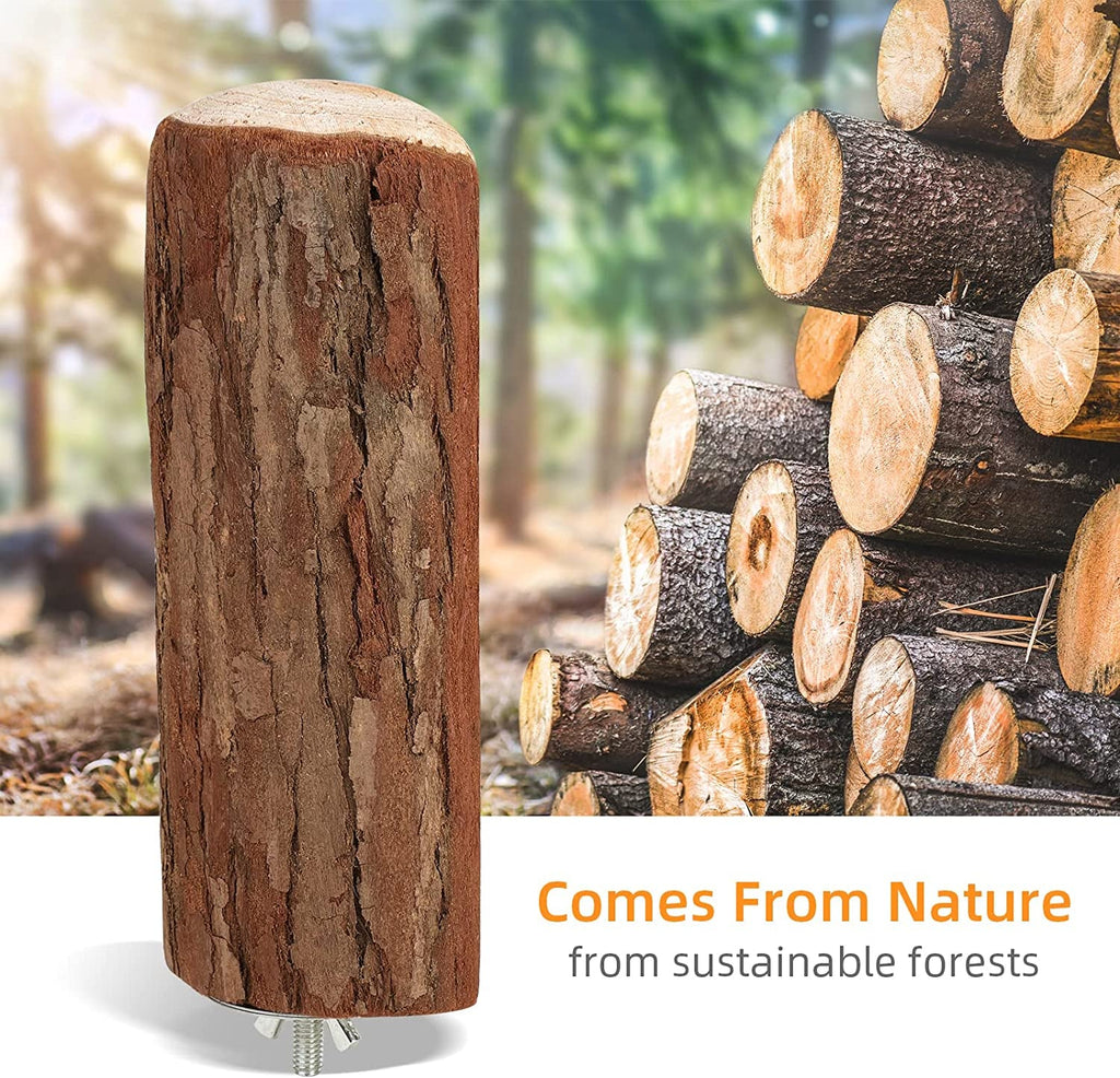 Natural wood bird perch slice with metal screw base and rugged bark texture.
