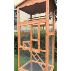 Wood outdoor bird aviary cage with arched roof, front door, and diagonal ladder