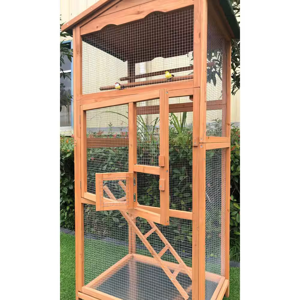 Wood outdoor bird aviary cage with arched roof, front door, and diagonal ladder