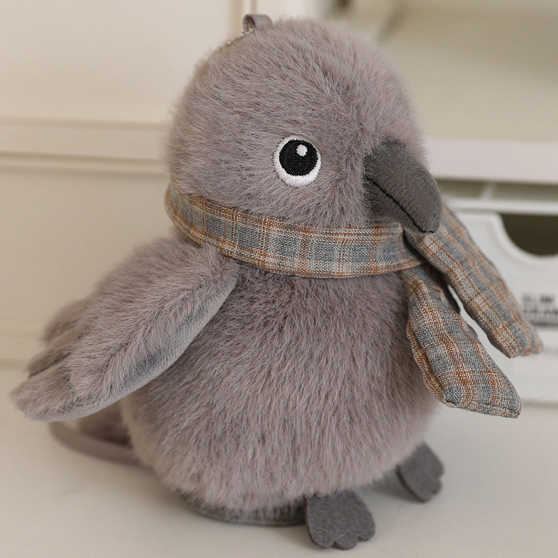 Gray bird plush with white eye, plaid scarf, and gray feet, 13 cm