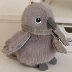 Gray bird plush with white eye, plaid scarf, and gray feet, 13 cm