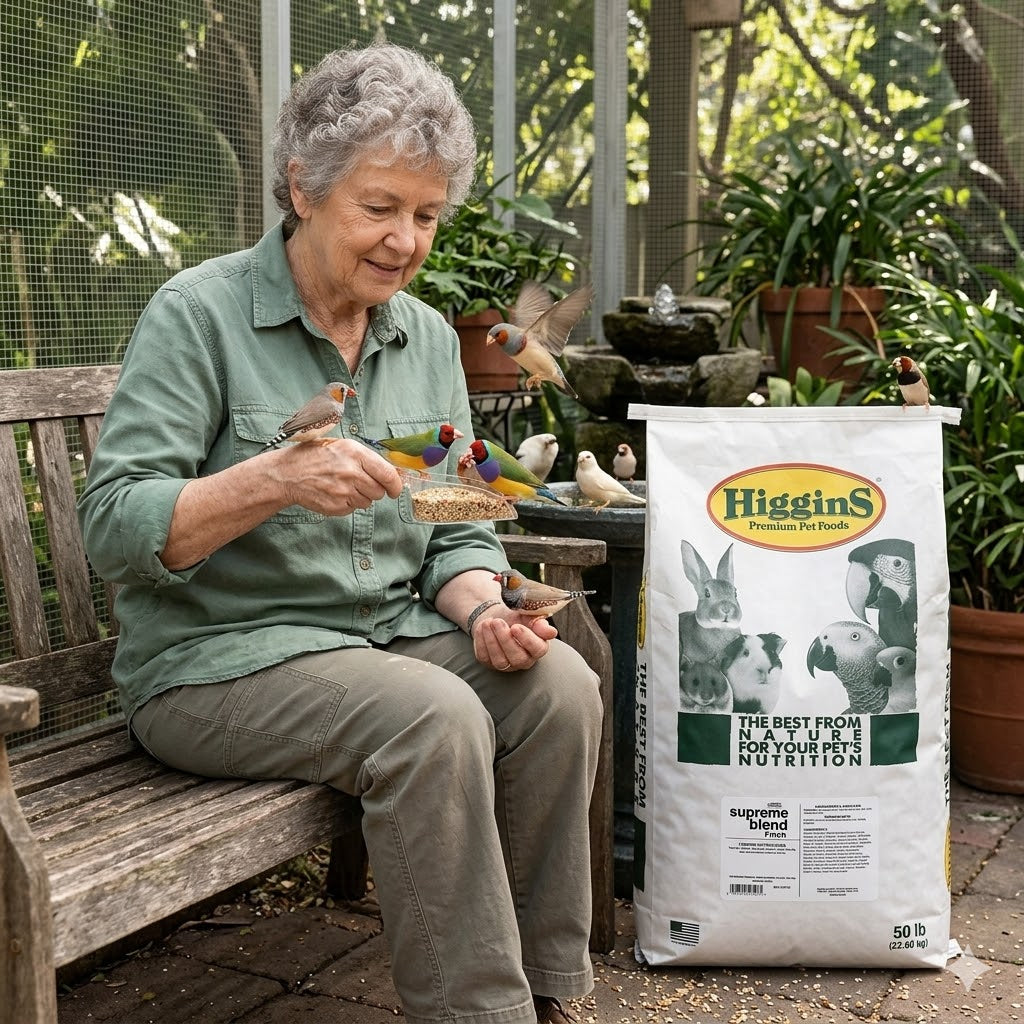 Higgins Supreme Finch food 50 lb bulk bag beside a person feeding finches