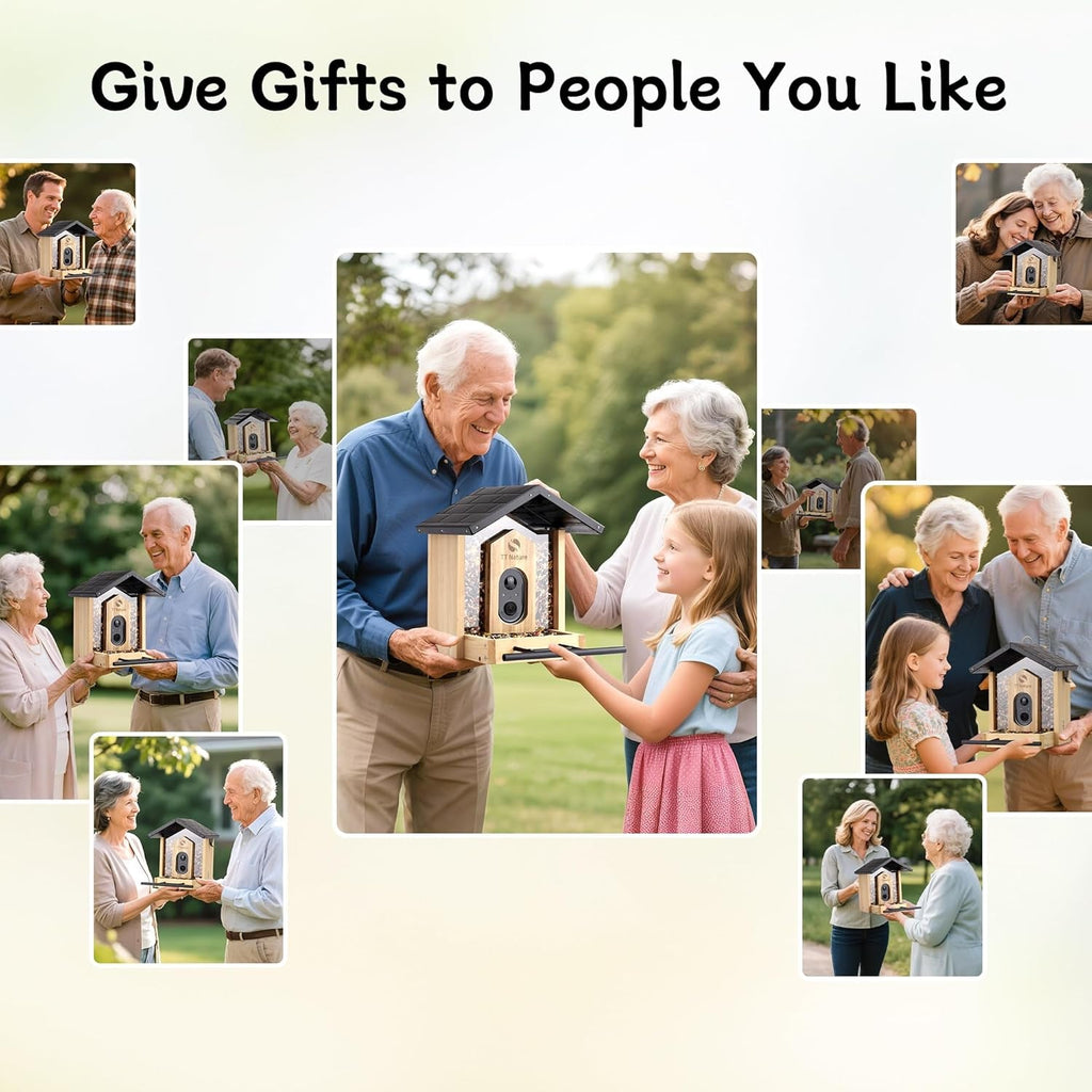 Bird feeder camera gift collage with family holding a small birdhouse camera