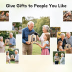 Bird feeder camera gift collage with family holding a small birdhouse camera