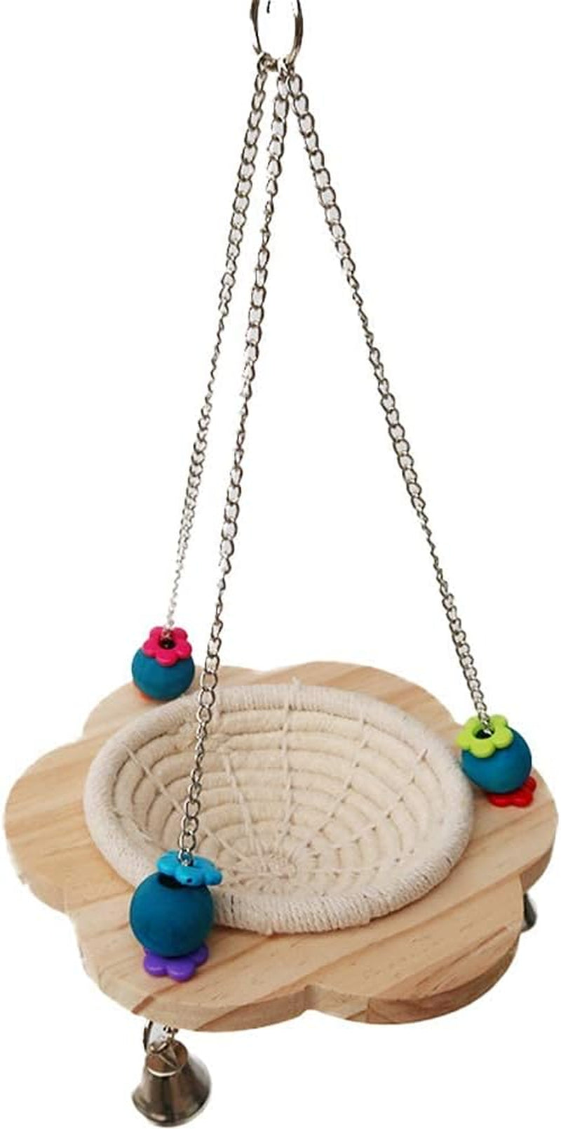 Beige woven bird nest swing with pom-pom bell charms and hanging chain loops