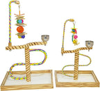 Two-level wooden bird playgym stand with rope swings, stacked toys, and cup holders