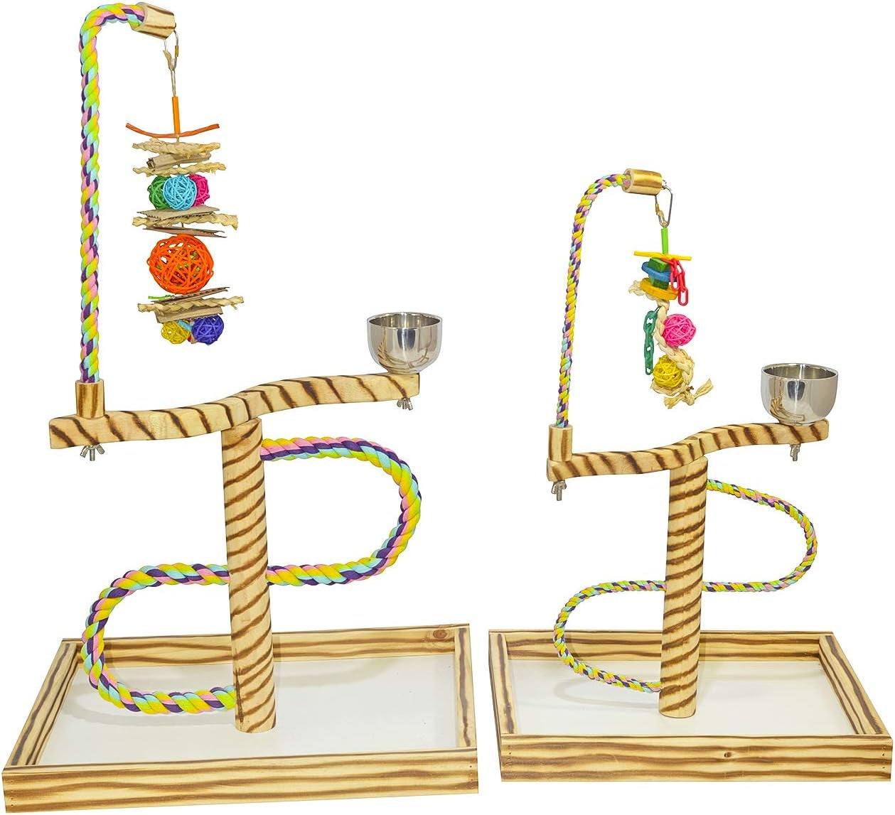 Two-level wooden bird playgym stand with rope swings, stacked toys, and cup holders