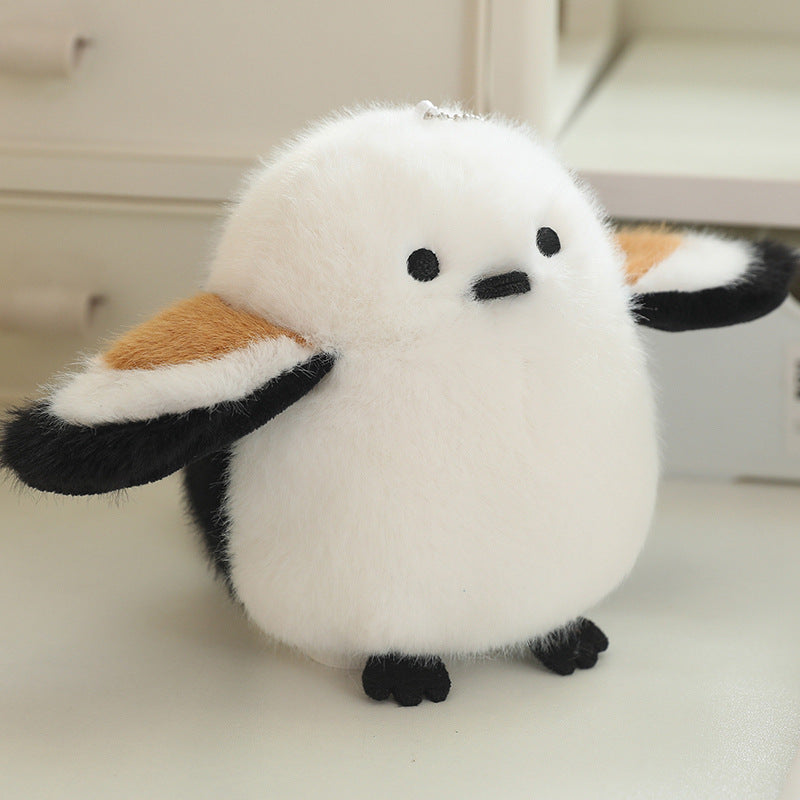 White and black owl bird plush with round eyes and orange beak, 13 cm