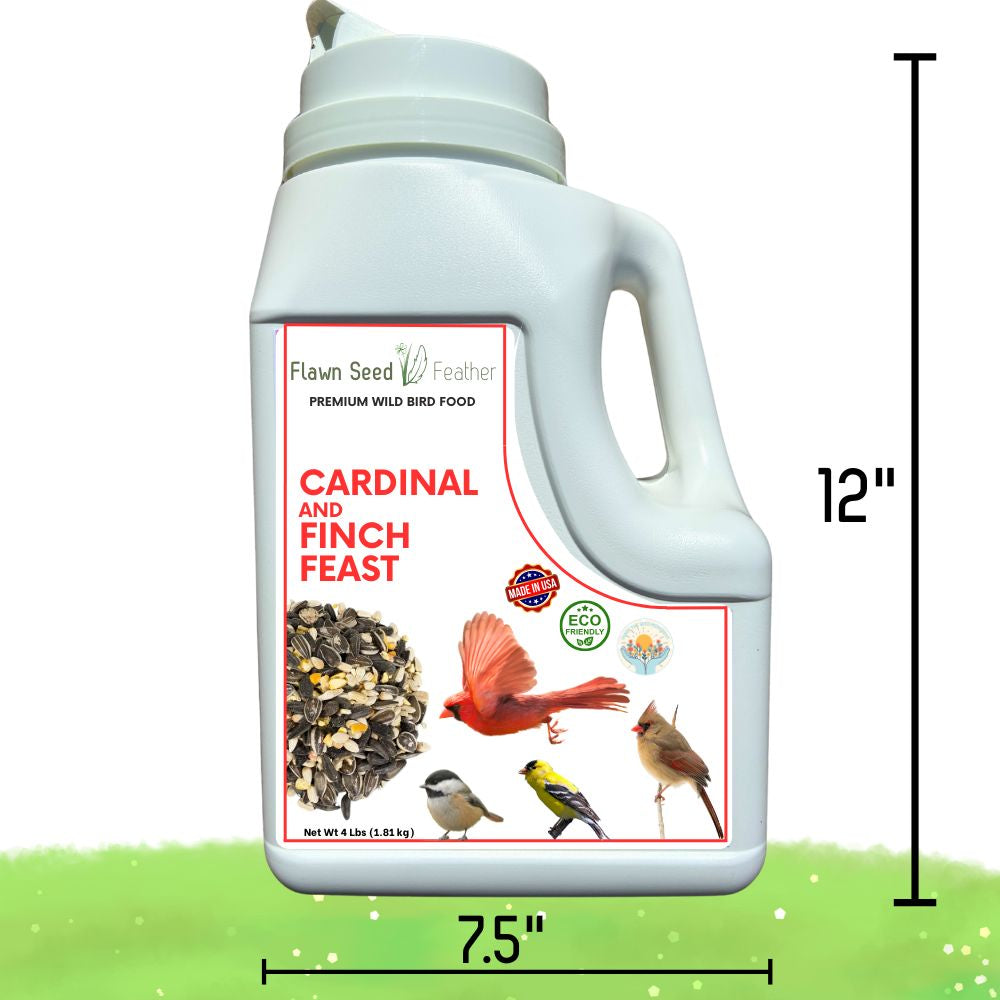 Cardinal and finch bird seed blend plastic feeder jug, front label