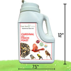 Cardinal and finch bird seed blend plastic feeder jug, front label
