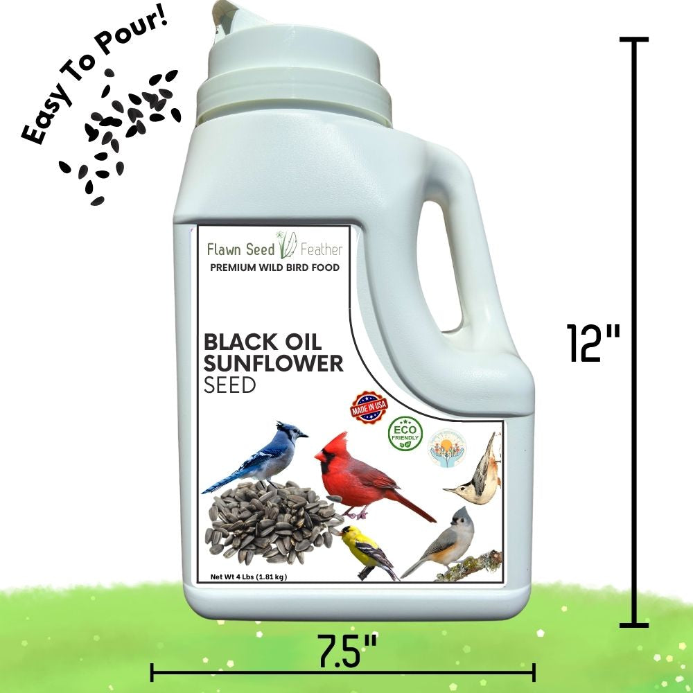 White plastic bird seed jug labeled black oil sunflower seed