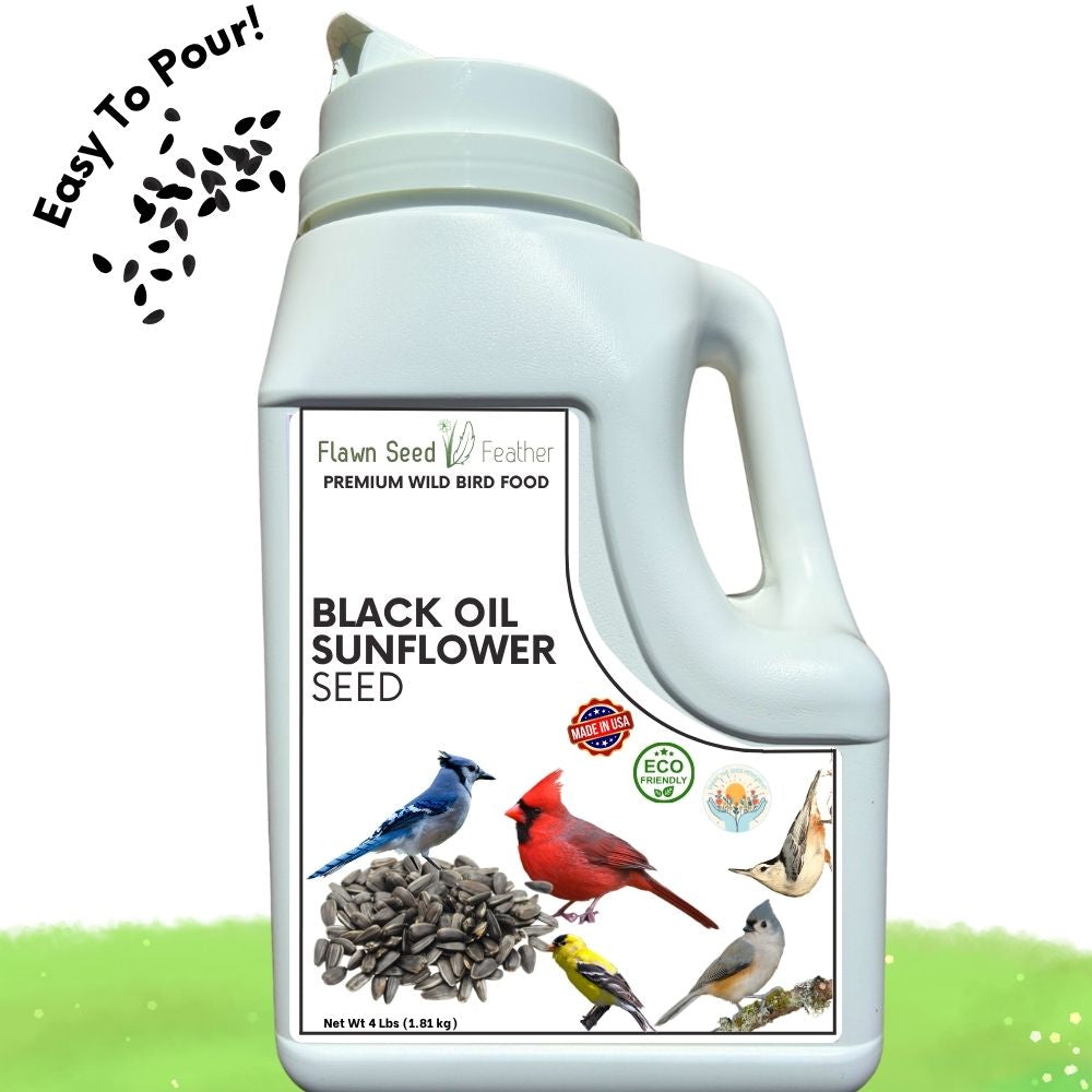 White bird seed jug with handle labeled black oil sunflower seed