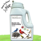 White bird seed jug with handle labeled black oil sunflower seed