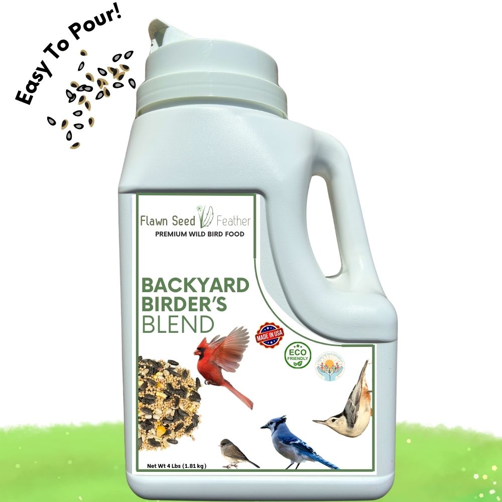 Backyard bird seed blend bottle with handle, green-and-gold label and bird illustration