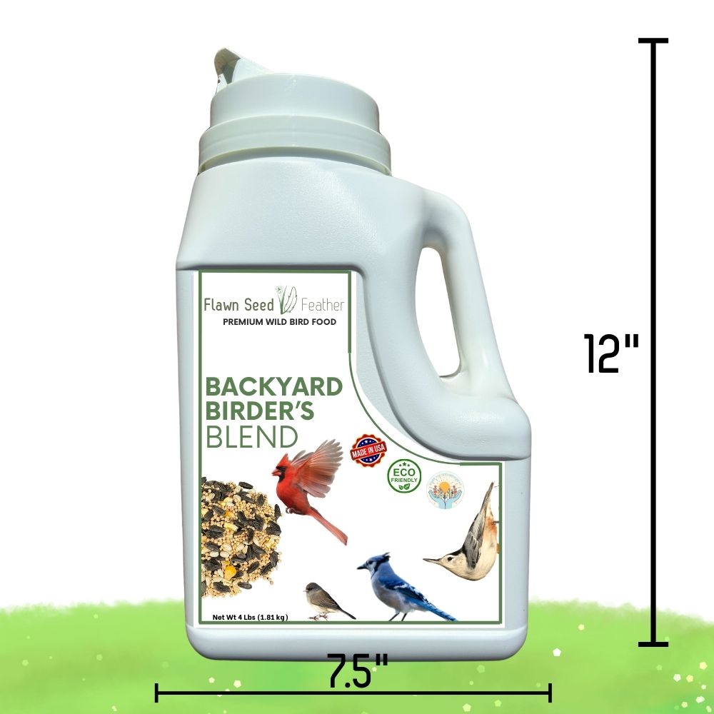 Light blue bird seed blend jug with handle and front label