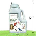 Light blue bird seed blend jug with handle and front label